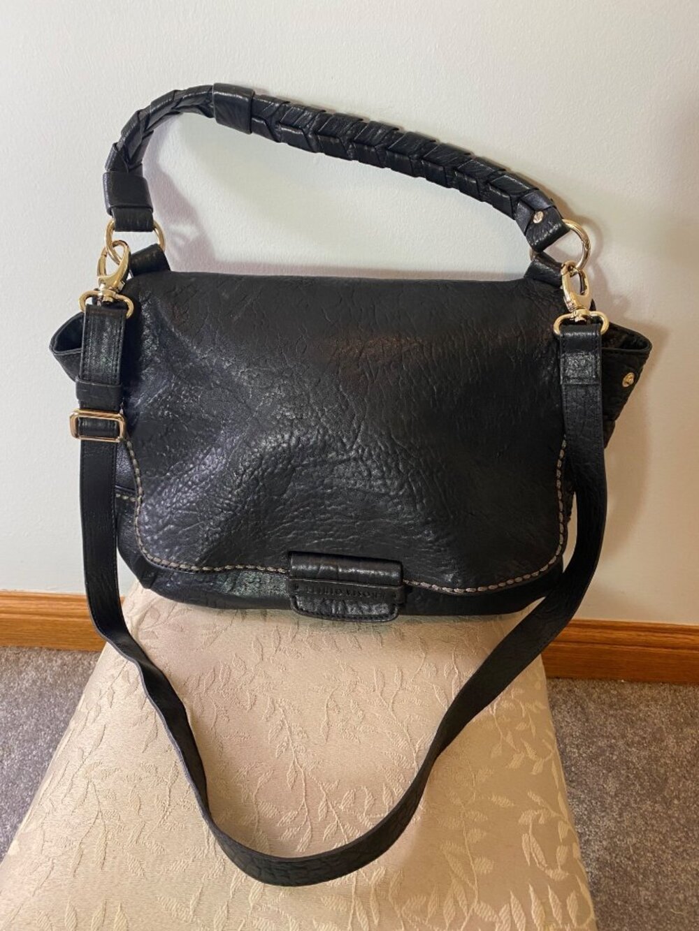 Plinio Visona Black Leather Shoulder Bag Braided Handle & Gold Hardware